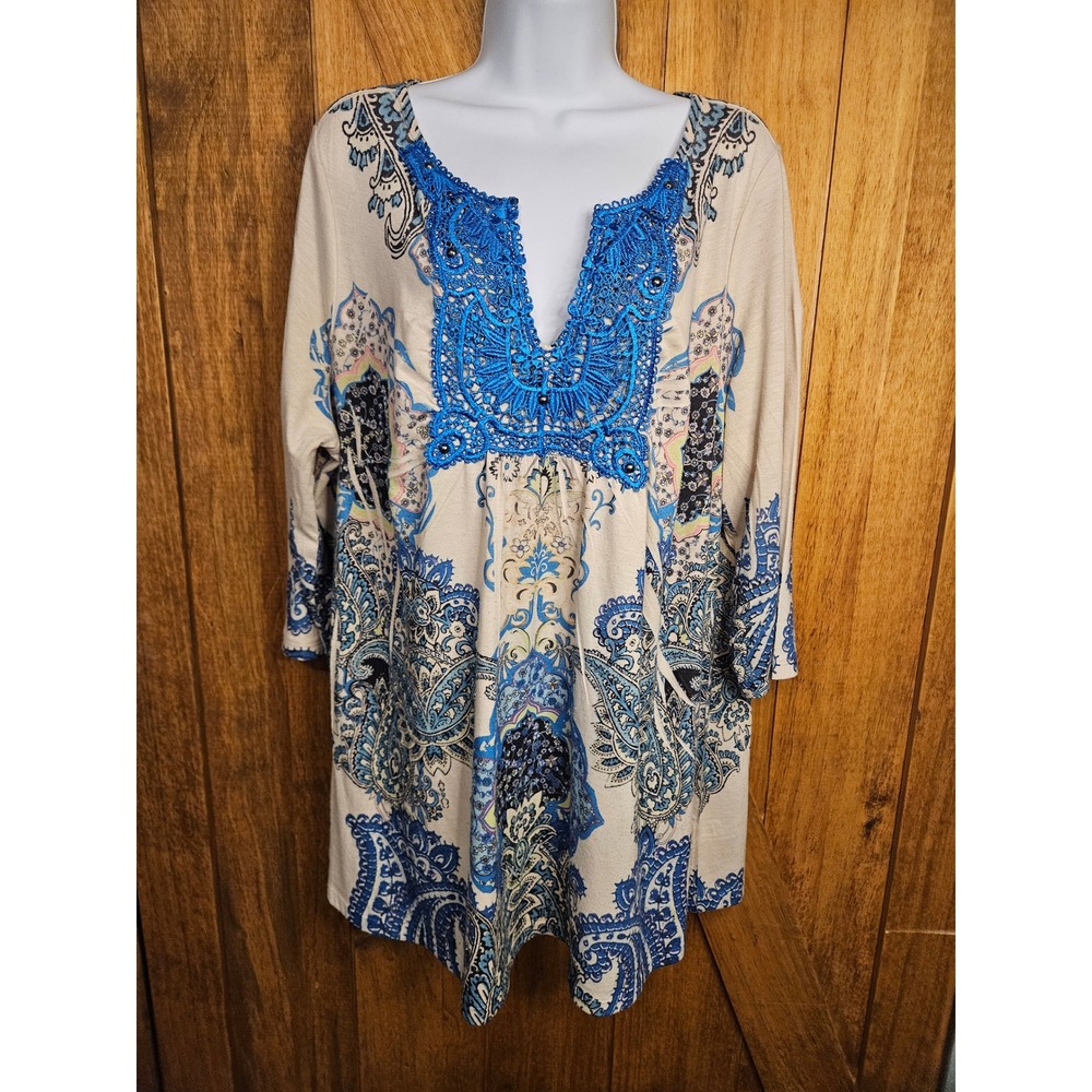 Mandala Boho Floral Blue Tunic Top 2X Plus 3/4‎ Sleeve Crochet #594